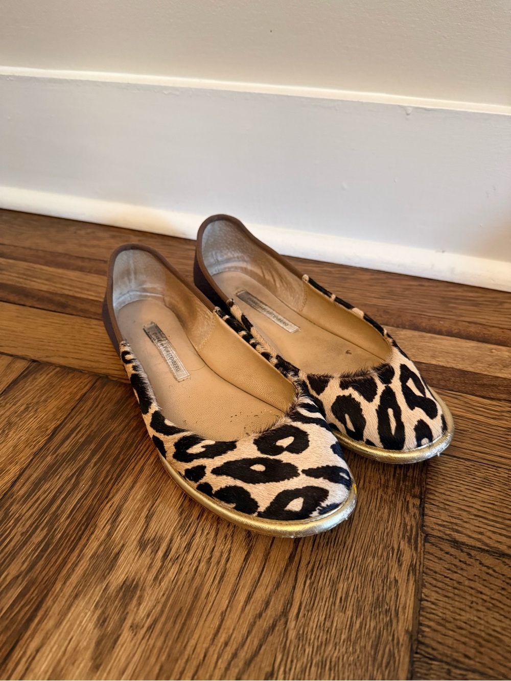 DVF Leopard Print Women's Ballet Flats with Navy Leather Heel + Gold Trim